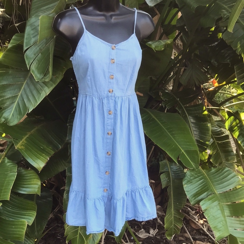 Denim chambray button down spaghetti strap dress